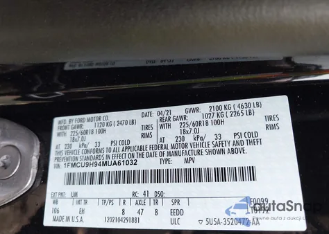 2021 Ford Escape Sel z USA, uszkodzony, nr VIN 1FMCU9H94MUA61032